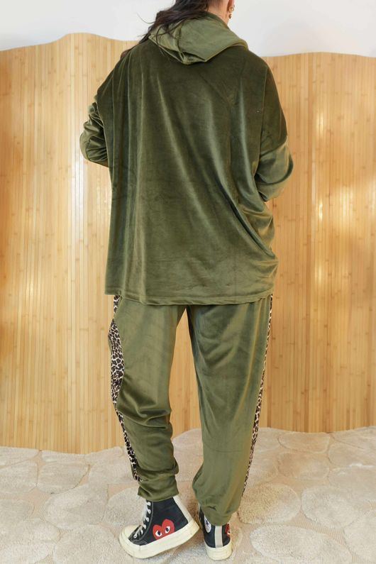 Binky Leopard Soft Stretch Velour Hoodie Lounge Suit Khaki